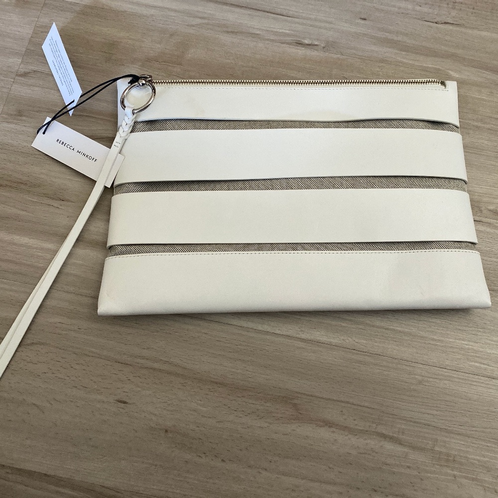 Rebecca Minkoff Cream & Gold Striped Wristlet Clutch